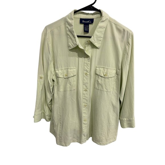 Denim & Co Womens 100% Silk Button-Up Shirt XL Beige Collared Top With Pockets - Picture 1 of 9